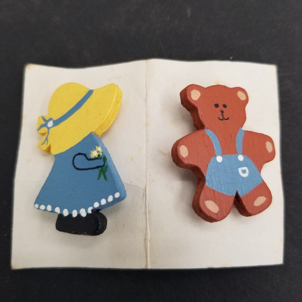 PAIR of Wooden Children's Brooches Pins Little Girl Sun Hat Teddy Bear